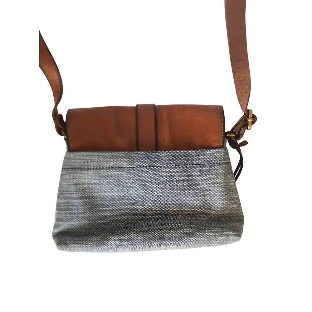 Fossil Kinley Crossbody Mixed Media Bag Purse Blue Cloth Brown Leather Blend